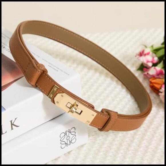 Thin Leather Belt Adjustable Gold Buckle for Office Wedding Jeans